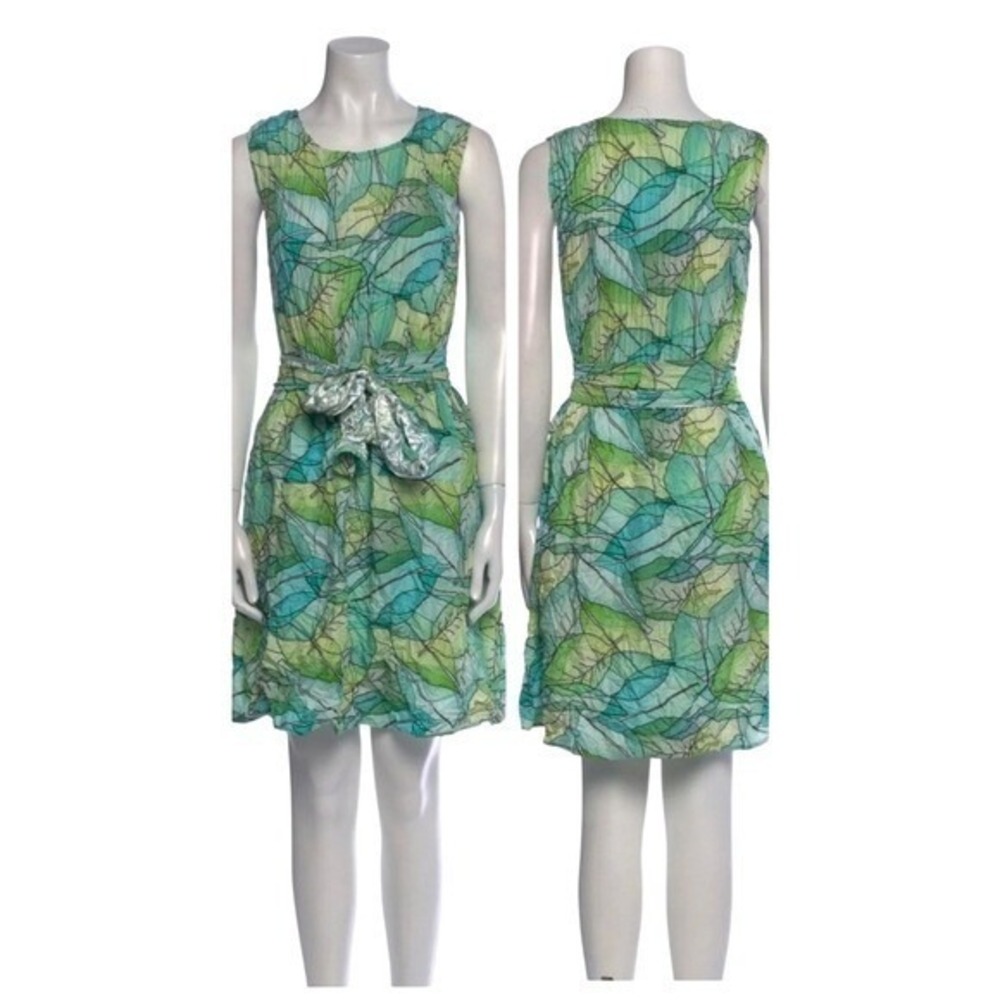 Alquema Pleated Dress Sz 0 Green Leaf Print Artistic Summer Botanical Accordion